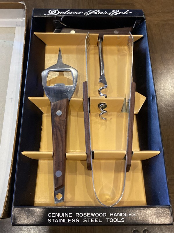 Vintage Rosewood Bar Tool Set, Stainless Steel, mid-century, complete