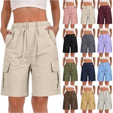 Women's Elasticated Waist Drawstring Half Pants Ladies Solid Combat Cargo Shorts