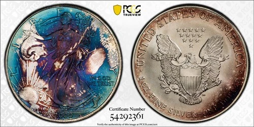 MS66 2000 $1 ASE Silver Eagle Dollar, PCGS Trueview- Deep Purple Blue Toned