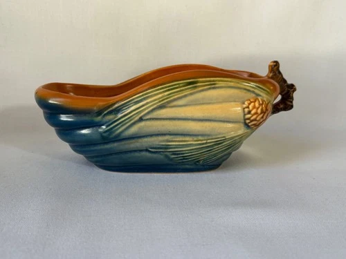 Roseville Deep Blue Pine Cone Boat Planter Art Pottery Cute Size & Form 455-6"