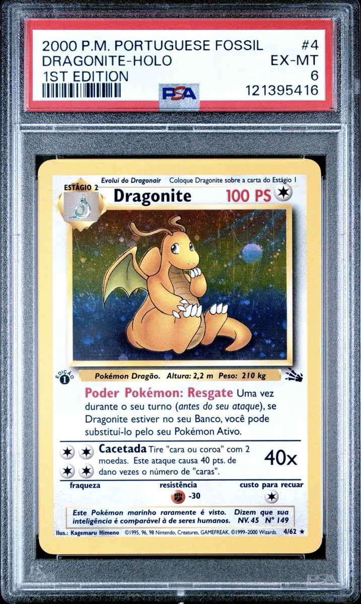 2000 Pokemon PORTUGUESE 1st Edition Fossil Dragonite Holo 4/62 PSA