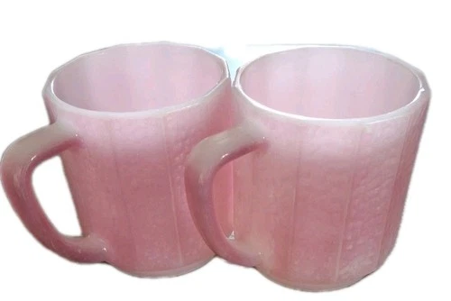 Vintage Federal Iridescent Pink Glass Faceted Coffee Mug Cup Retro MCM Lot Of 2