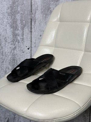 Prada Sport Black Cross Strap Slide Men s Sandals Metal Logo
