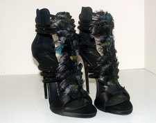 Giuseppe Zanotti Coline 110 Black Satin Peacock Feathers Black Crystals 7.5B