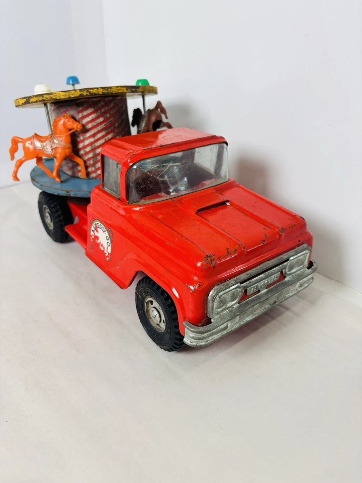 Camión Buddy L Merry Go Round de Colección Años 60 Raro Carrusel Rojo Caballos Juguetes Coche ¡Lata! Foto 4 de 4