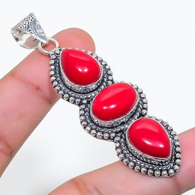 Red Coral Handmade Gemstone 925 Sterling Silver Jewelry Pendant Size 2.7''