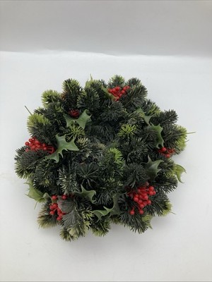 Vintage Plastic Christmas Candle Ring Wreath Holly Berries Evergreens Ivy