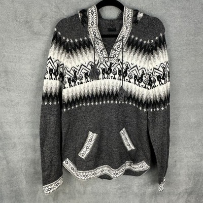 Alpaca Fina Sweater Womens Small Gray Fair Isle Hooded Natural Peru Artisan Boho