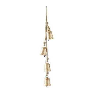 DECMODE TIBETAN DECORATIVE COW BELLS WITH 4 BELLS ON JUTE HANGING ROPE - GOLD