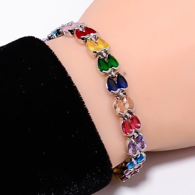 Multi Sapphire - Simulated 925 Sterling Silver Adjustable Bracelet 7-8'' B131037
