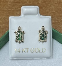 Turtle Emerald Green Stud Earrings 14K Solid Gold With Safety Backing