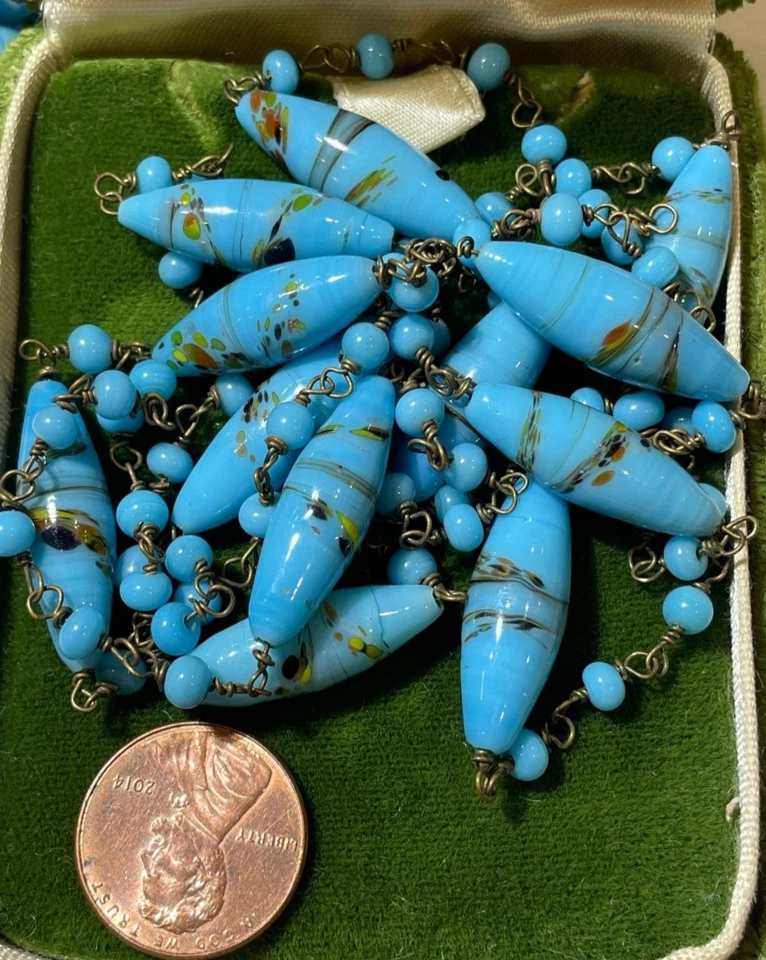 Blu Vintage Punteggiato Murano Arte Vetro Argento con Filo 42 " Collana DE12 - Immagine 2 di 3