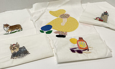 Vintage Lot of 5 Finished Embroidered Projects Dogs Holly Hobbie Lighthouse Sun