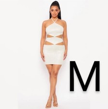 🆕Cream White Shiny Textured Snake Croc Halter Sexy CutOut Bodycon Dress~Size M
