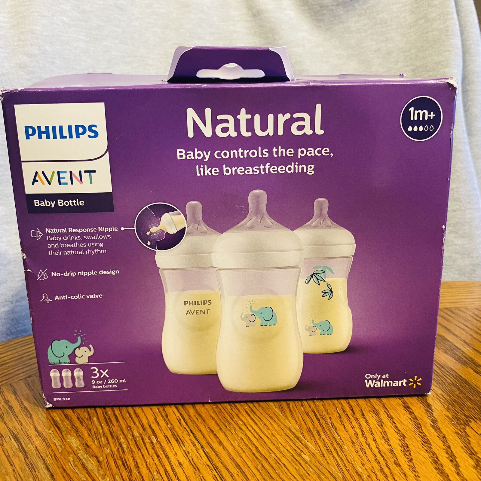 Natural Baby Bottle with Natural Response Nipple, with Teal Elephant Design