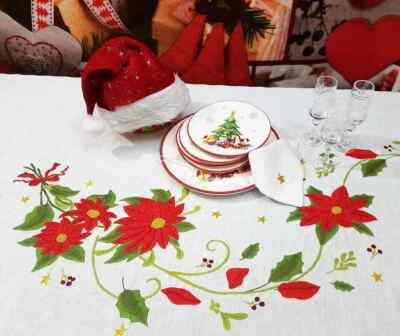 Spektakuläre Tischdecke x12 Weihnachten Vollstrick Stickerei komplett Handarbeit