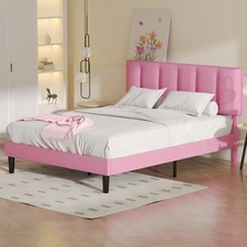 Vecelo Upholstered Platform Full Queen Bed Frame with Headboard Wooden Slat Pink