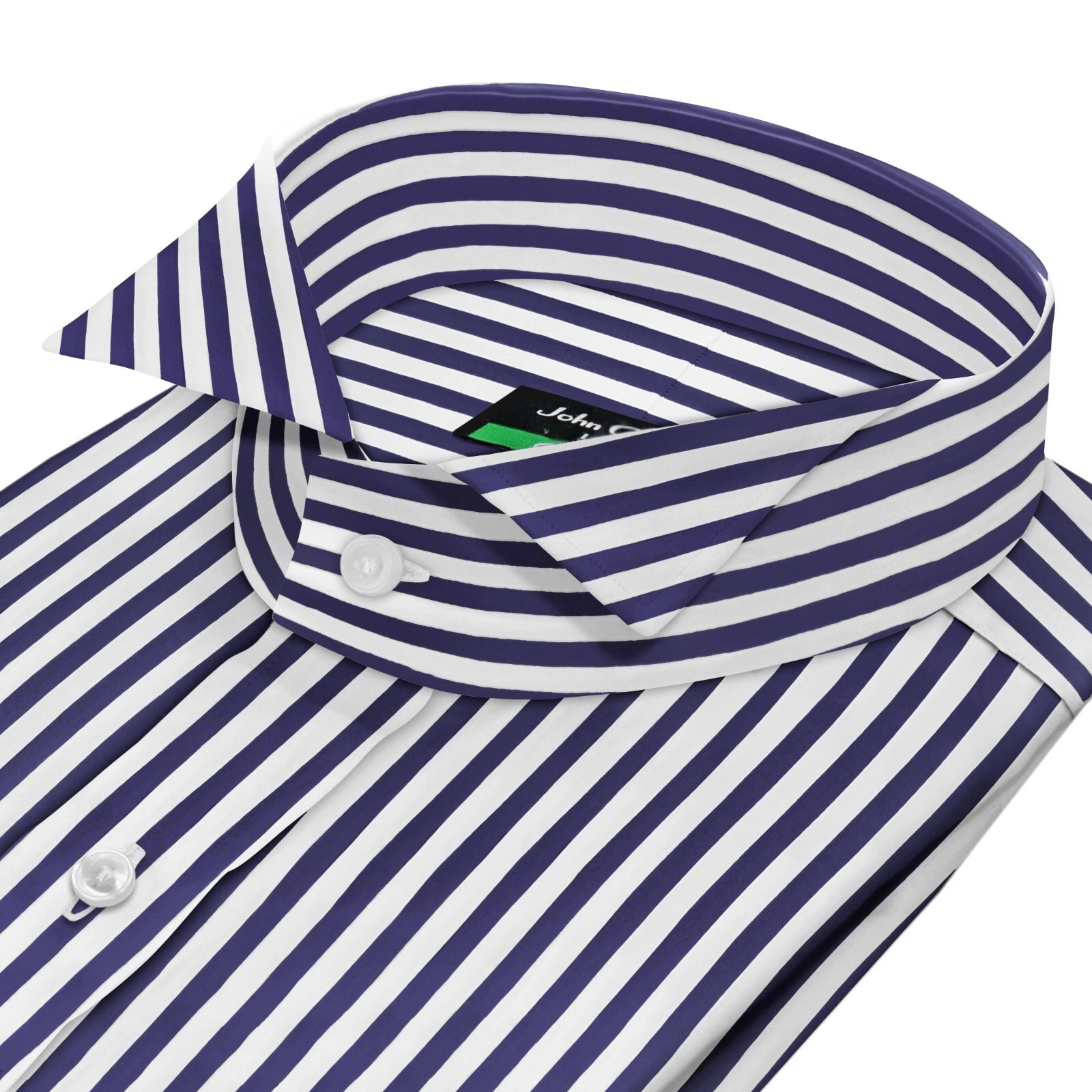 Mens Luxury grad 100% Cotton Shirt Wing Tip Sharp Collar Navy Blue White Stripes