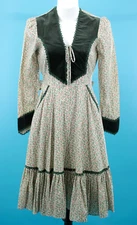 Vtg Women's 70s Cream & Green Velvet Fall Print Gunne Sax Midi Dress XS/S 1970s