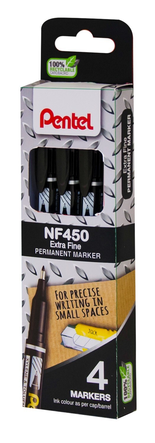 Pentel Permanent Marker Pens, Extra Fine 1.2mm Tip Low Odour Black ink (4 Pack)