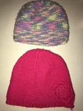 2 girls KNIT WINTER HATS dark pink FLOWER size 4 to 16 1 pastel multi color STRE