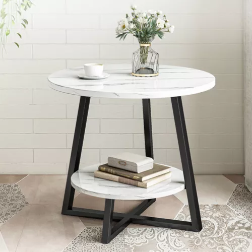 2-Tier Metal Frame Round Tables White Marble Top Coffee Side Table Storage Shelf - Picture 3 of 9