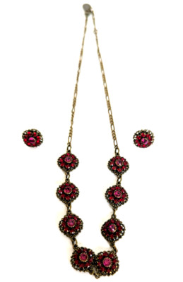 Vintage Kenny Ma San Francisco Ruby Red Rhinestone Floral Necklace Earrings Set