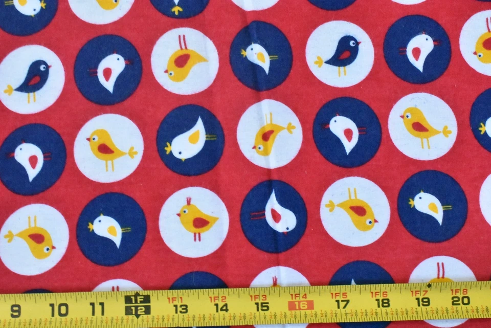 By 1/2 Yd, Yellow White & Blue Cute Bird Patches on Red Flannel, Springs, P7877 - Image 2 of 4