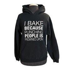 Graphic Hoodie, Women's Size S/P Black MISSING DRAWSTRING at hood. Front Pocket