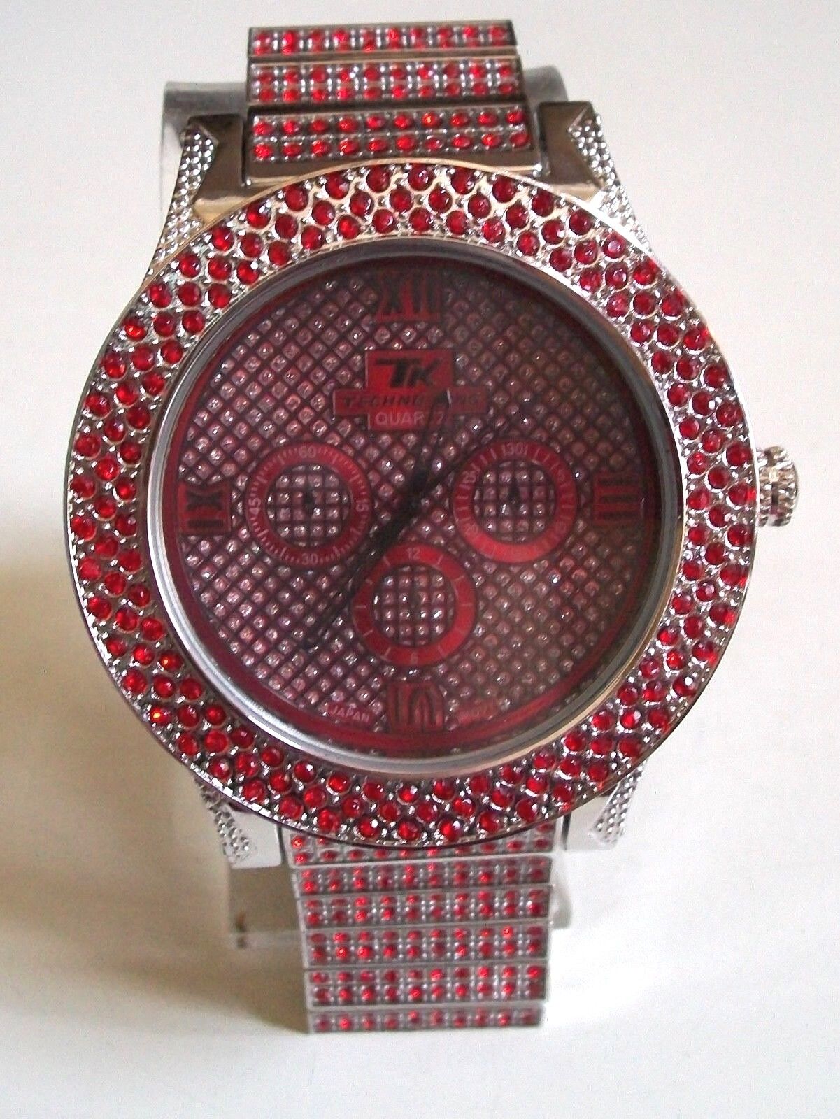 Men's Red Stone Silver Finish Techno King Fashion Dressy Party Hip Hop Watch