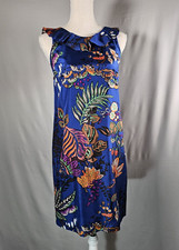 J Crew 100% Silk Dress Womens 0 Blue Flower Print Knee Length Sleeveless Ruffles
