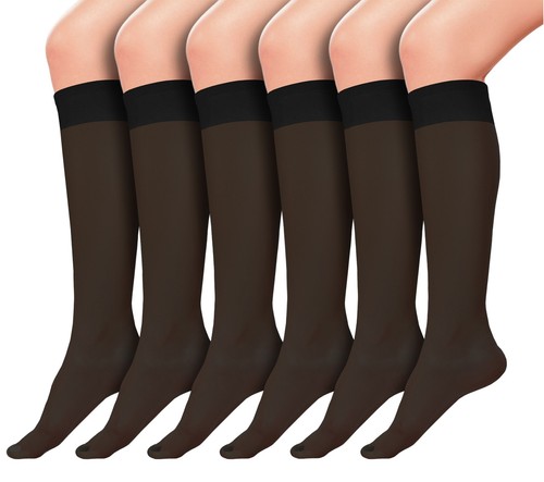 Sheer Knee High Socks, 6 Pairs 20D Premium Silky Soft Nylon Stocking Control Top