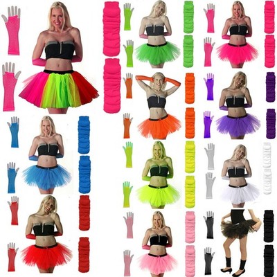 NEW NEON UV TUTU 3 LAYER SKIRT SET 3PC SET Party Dance 60's 70's 80s