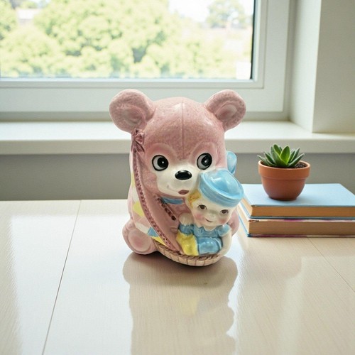Vintage Baby Bear Planter Nursery Decor Nancy Pew Japan 8195 Pastel Floral Cute