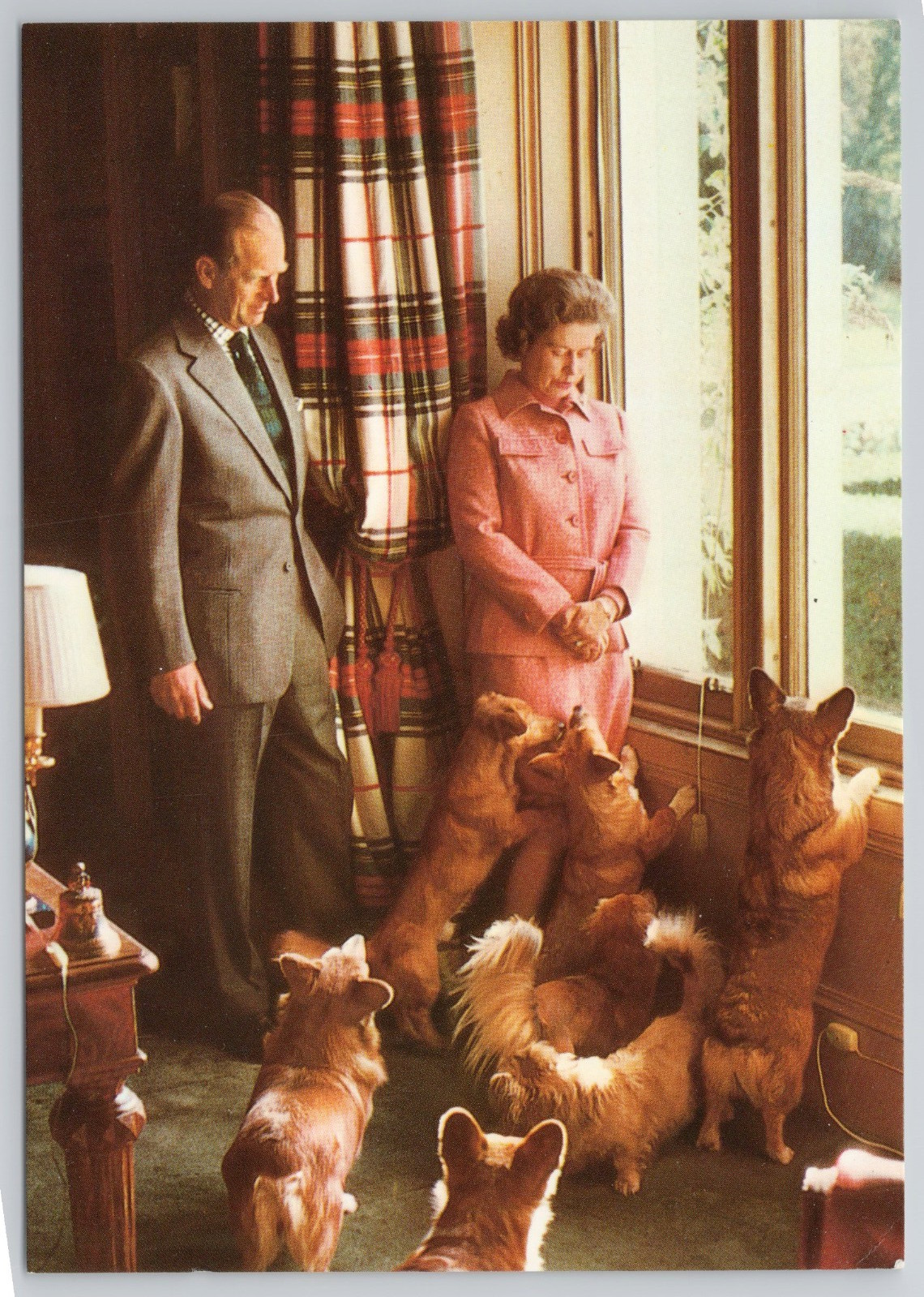 Postcard H.M The Queen and H.RH. The Duke Of Edinburgh At Balmoral Castle Dogs