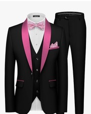 MAGE MALE Black Pink Slim Fit 3 Piece Suit: Blazer, Vest Pants - Size Small