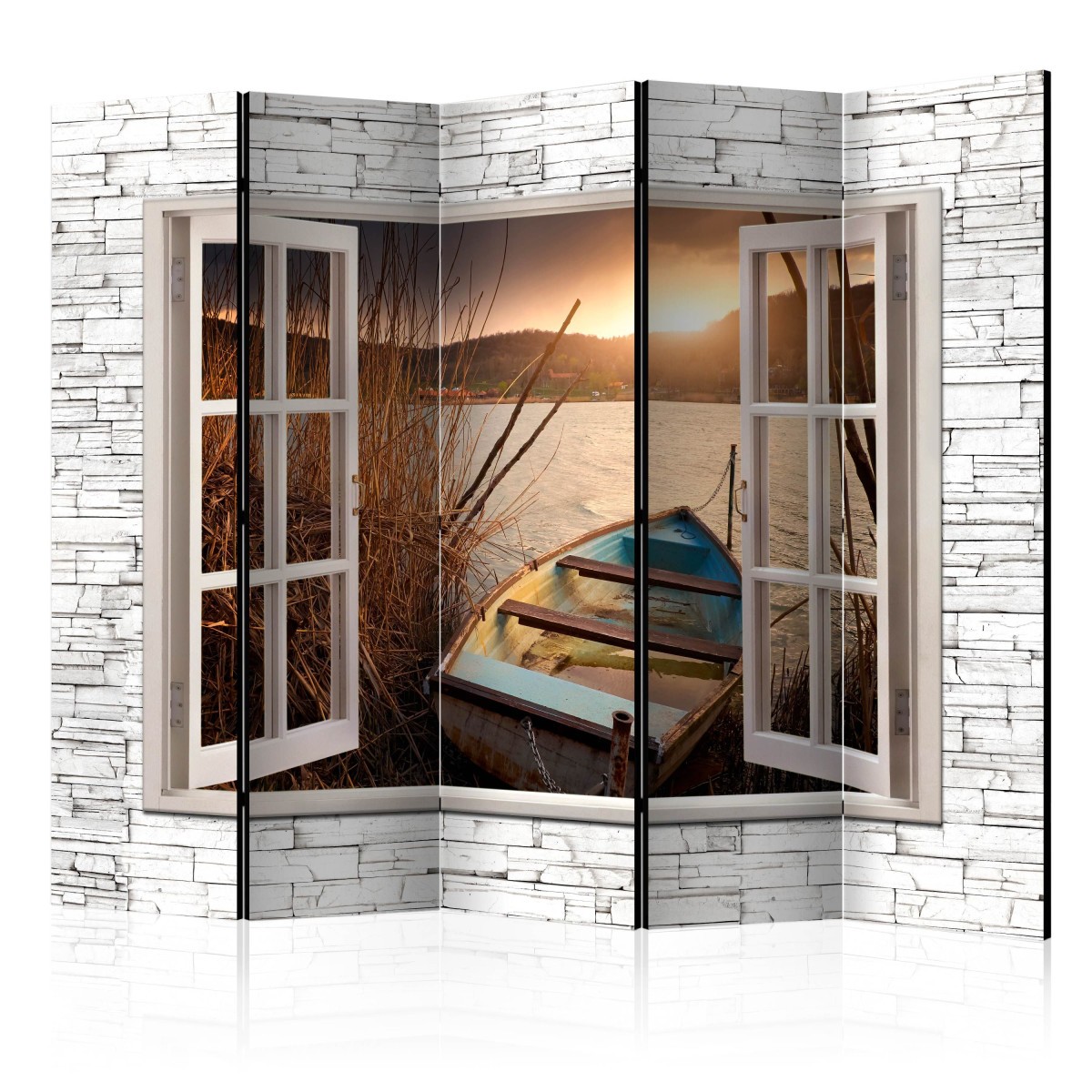 Paravent 5 volets Autumnal Lake 172x225cm en bois de sapin