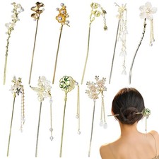 10 Pcs Decorative Vintage Retro Pearl Gold Metal Hair Sticks Pins with Pearl ...