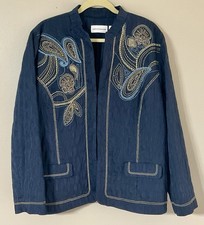 Alfred Dunner LS Navy Blue Lined Embroidered Pocket Jacket Size 20