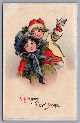 A Happy New Year 2 Girls Frances Brundage Artist Signed Postcard M4
