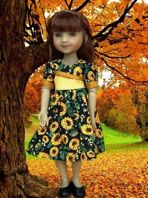 RRFF Tri Color Fall Sunflower Print Doll Dress fitting 14-5 inch dolls