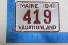 Maine License Plate Tag 1941 41 - Low Number Three 3 Digit #419 Vacationland