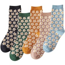3-5 Pairs Womens Vintage Cozy Crew Socks One Size Vintage Flowers 01 - 5 Pairs