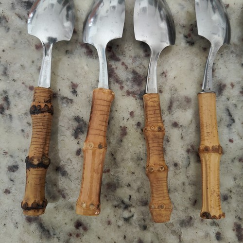 SET OF 8 VTG Grapefruit Spoons MCM Bamboo Handle Serrated Stainless Japan - Picture 11 of 17