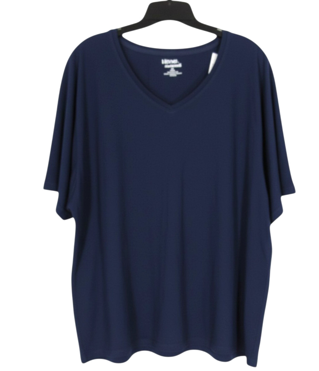 NWT LIZ & ME ESSENTIALS Navy Blue TWILL Short Sleeve V-NECK BLOUSE/TOP Sz 3X