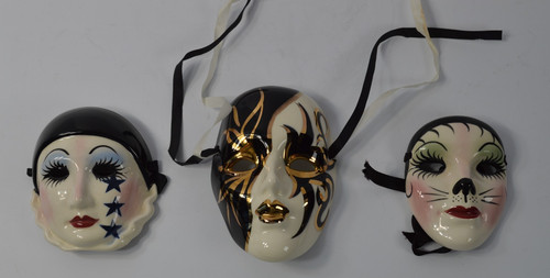 Vintage Fancy Faces New Orleans Ceramic Masks Set of 3 Signed Sally Mardi Gras
