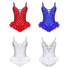 Women Dress Deep V-Neck Dancewear Performance Bodysuit Strappy Leotard Rhythmic