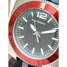 Fossil Men's Watch WB1042 Quartz Red Bezel 38mm Black Gray Nylon Strap
