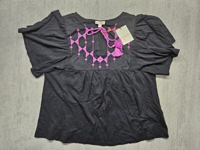 Knox Rose Women's Flutter Short Sleeve Embroidered Top Size Large Black