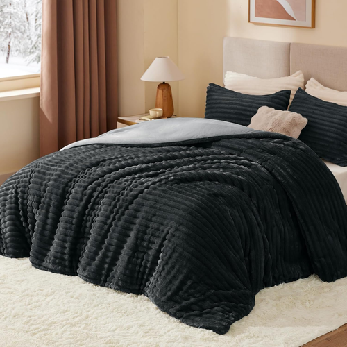 Fleece Twin Comforter Set -Super Soft & Warm Fluffy Black Bedding, Luxury Fuzzy - Picture 2 of 12